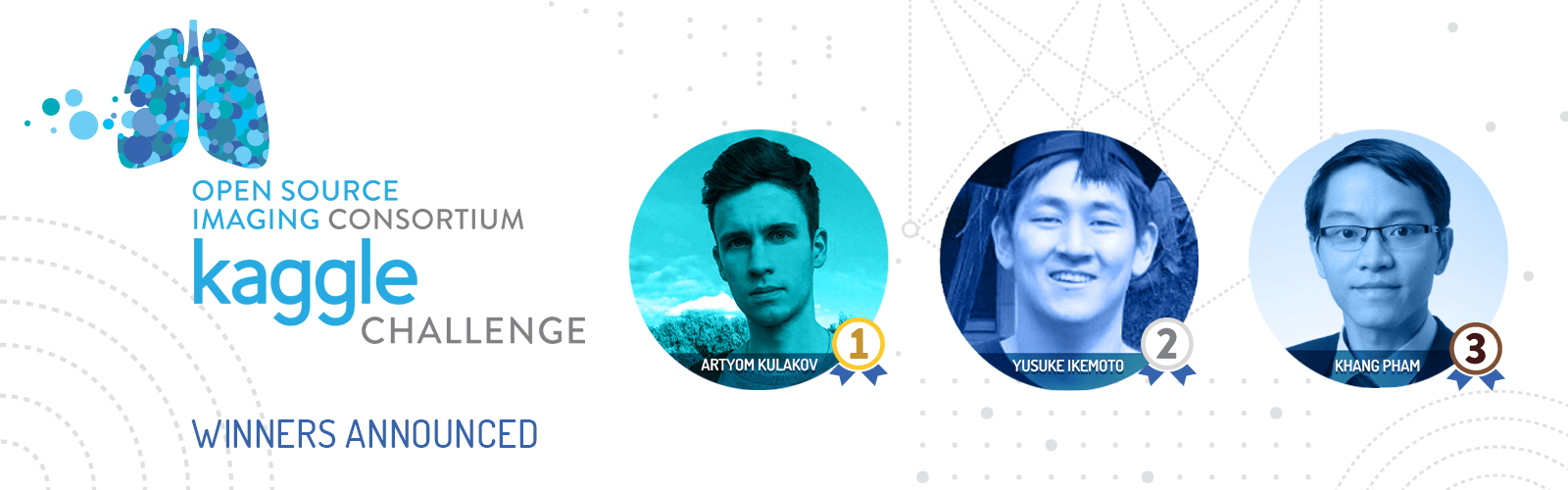 OSIC Kaggle Challenge Winners Announced. Photos of first, second and third place winners with corresponding numbered award badges overlaid